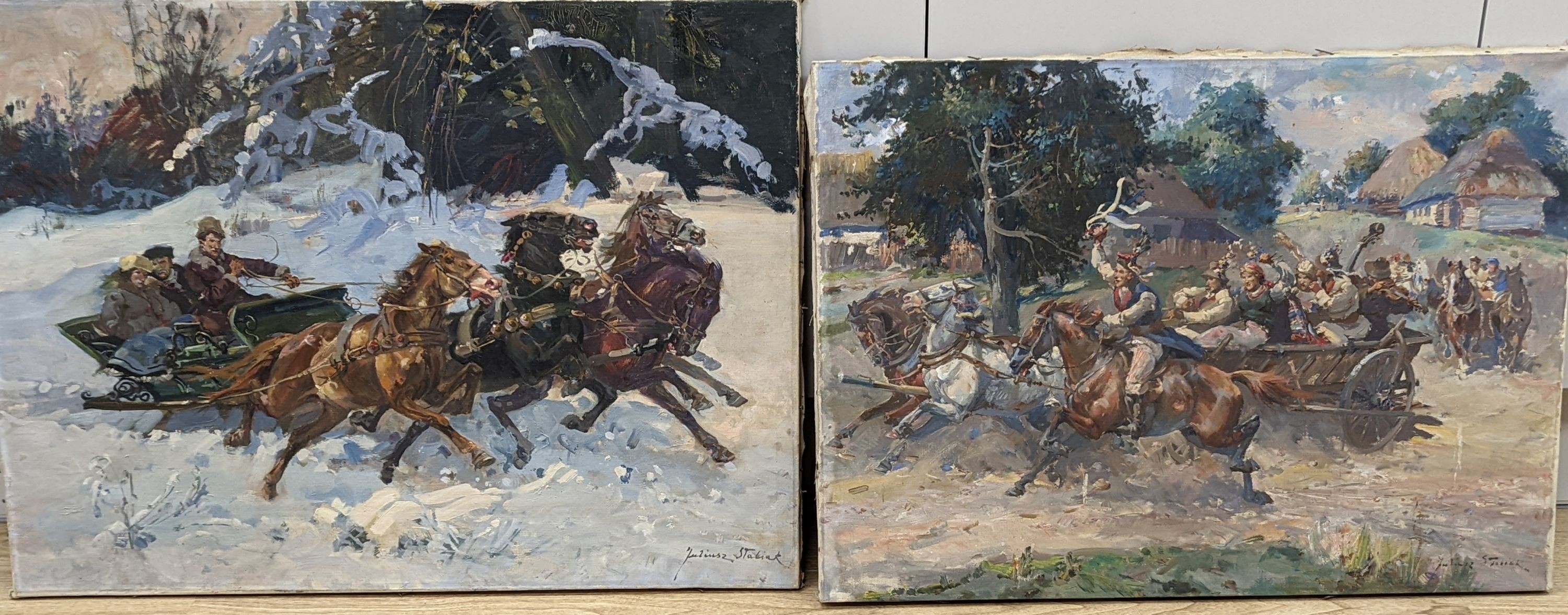 Juliusz Slabiak (Polish, 1917-1973), two oils on canvas, Wedding party in a cart and Troika, signed, 69 x 50cm and 74 x 55cm